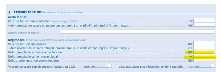 les cases de la déclaration n°2042 pour déclarer votre déficit foncier